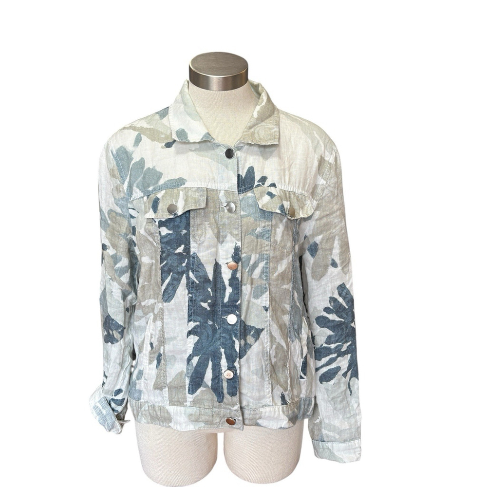 Simply Art By DOLCEZZA Jacket Abstract Linen Pockets Buttons Blue White Sz M